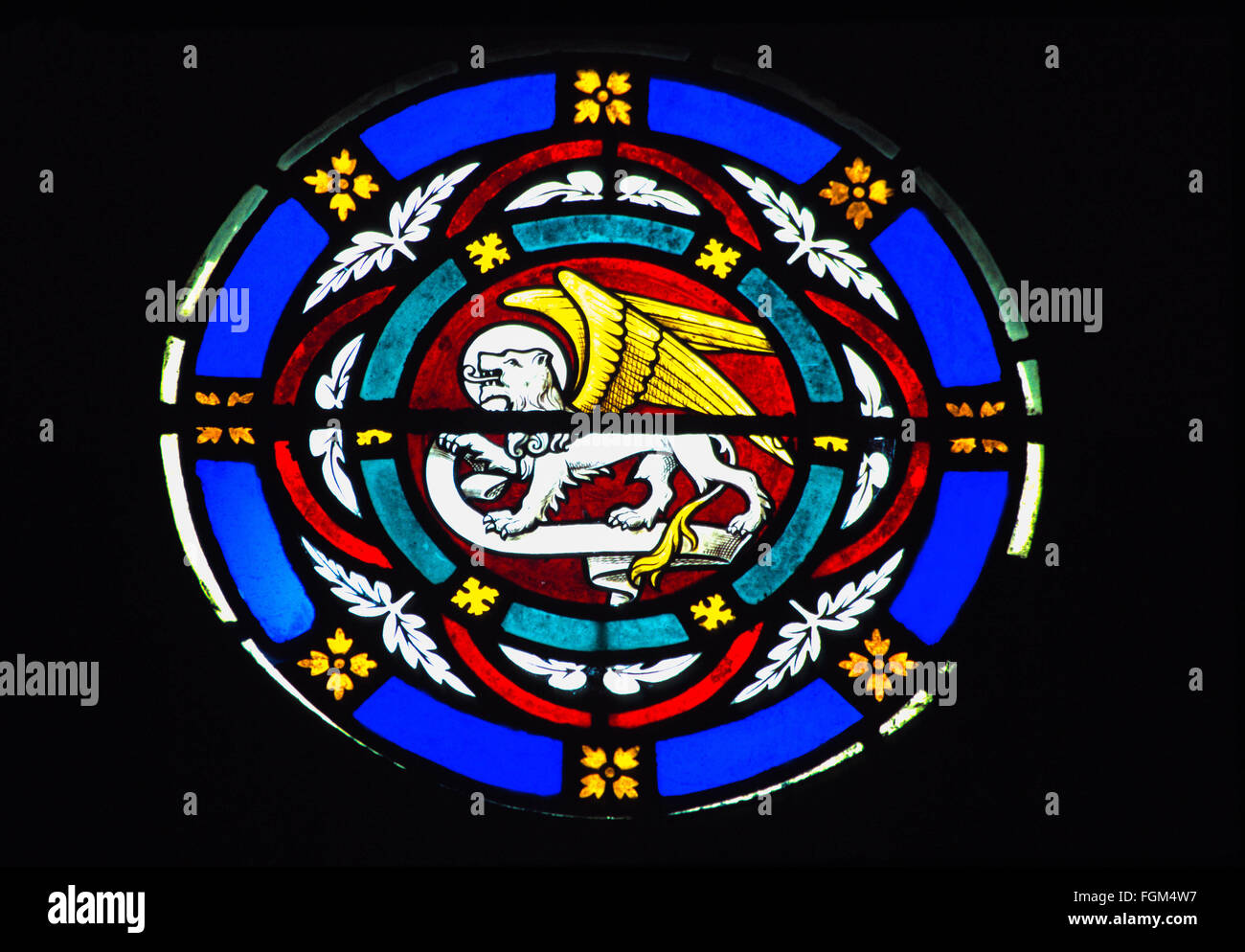 Section of east window depicting a winged lion the emblem of St. mark, St. Magnus Scottish Episcopal Church Lerwick Shetland Stock Photo