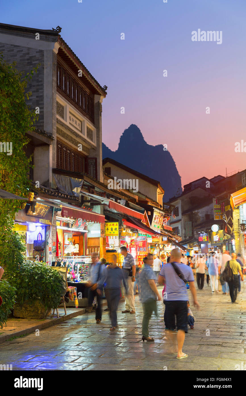 West Street at dusk, Yangshuo, Guangxi, China Stock Photo