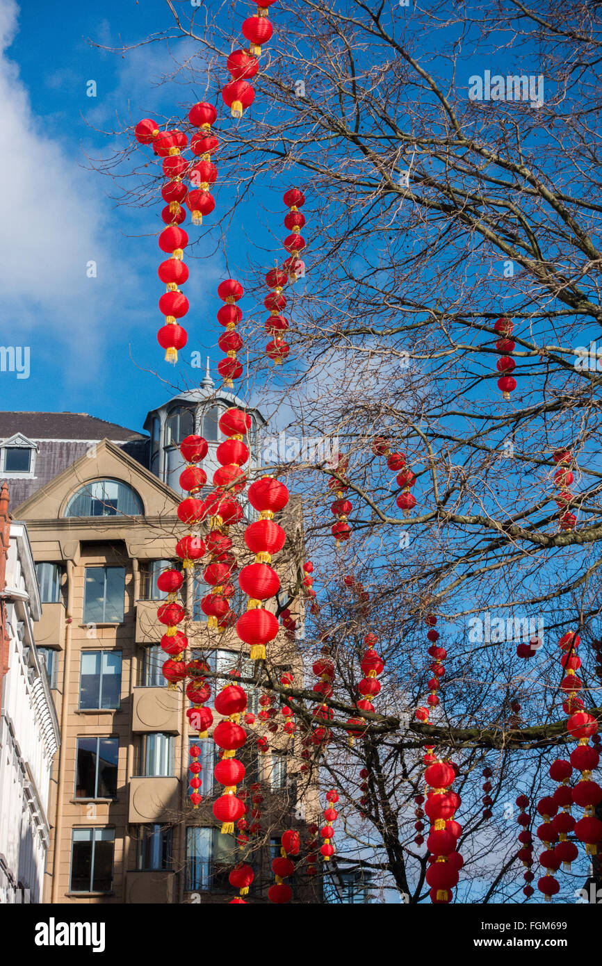 Red lanterns decorate the trees in Manchester City Centre to celebrate