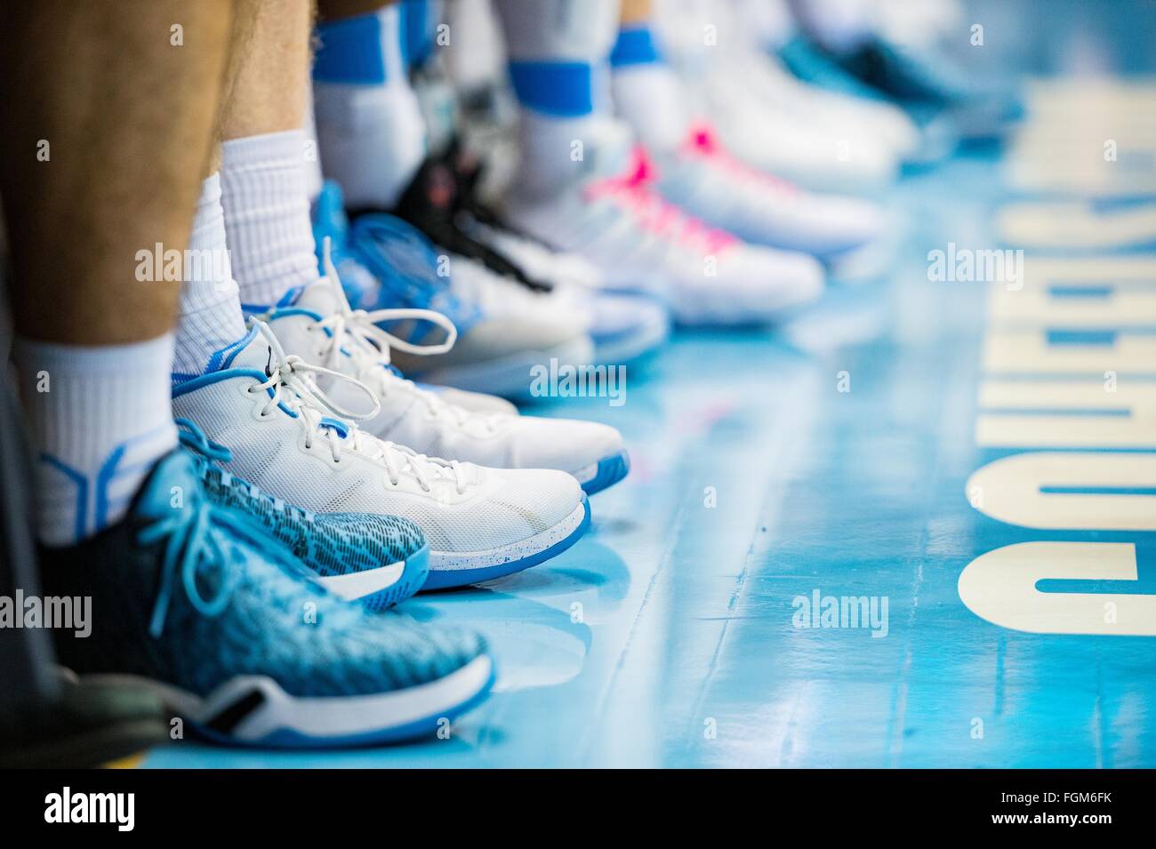 The shoes of the UNC bench during the NCAA Basketball game between the  Miami Hurricanes and the North Carolina Tar Heels at the Dean E. Smith  Center on February 20, 2016 in