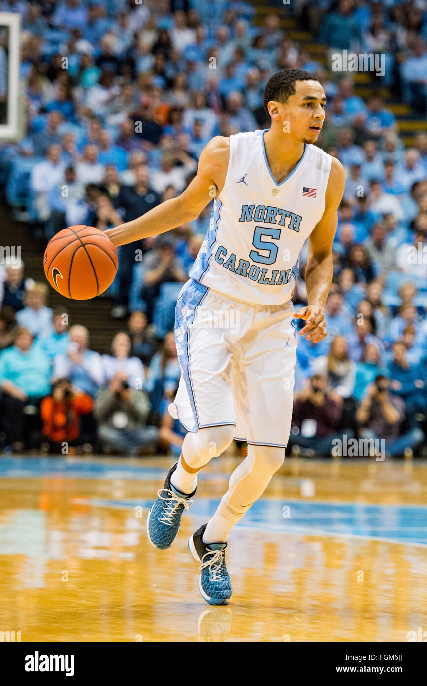 UNC guard Marcus Paige (5) during the NCAA Basketball game between the  Miami Hurricanes and the North Carolina Tar Heels at the Dean E. Smith  Center on February 20, 2016 in Chapel