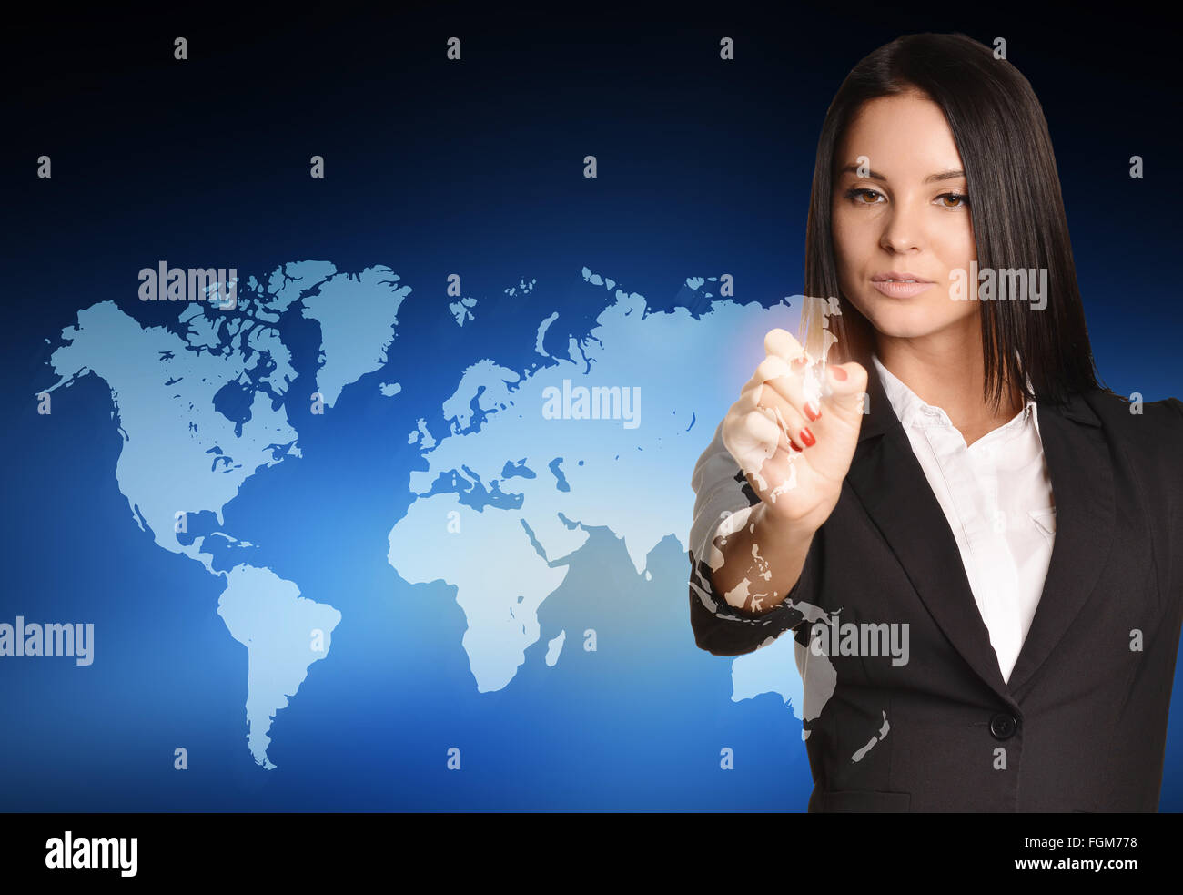 Woman in suit drawing on world map virtual space Stock Photo