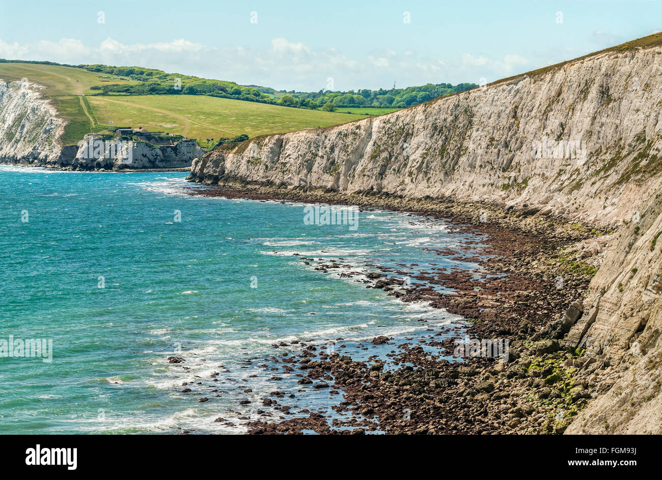 Costal landscape between Freshwater Bay and Crompton Bay at the southern coast of the Isle of Wight, England Stock Photo