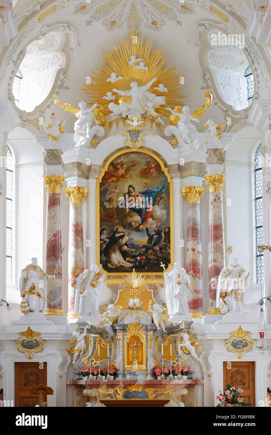 Main altar, monastery church of St. Mark, Sießen monastery, Bad Saulgau, Upper Swabia, Swabia, Baden-Württemberg, Germany Stock Photo