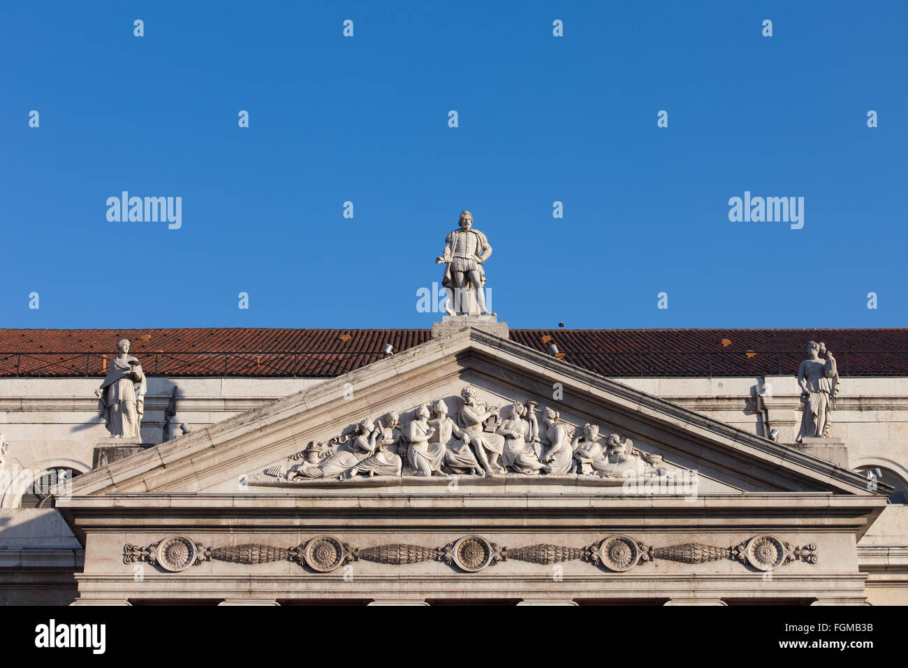 Pediment of Dona Maria II National Theater in Lisbon, 19th century Neoclassical style. Stock Photo