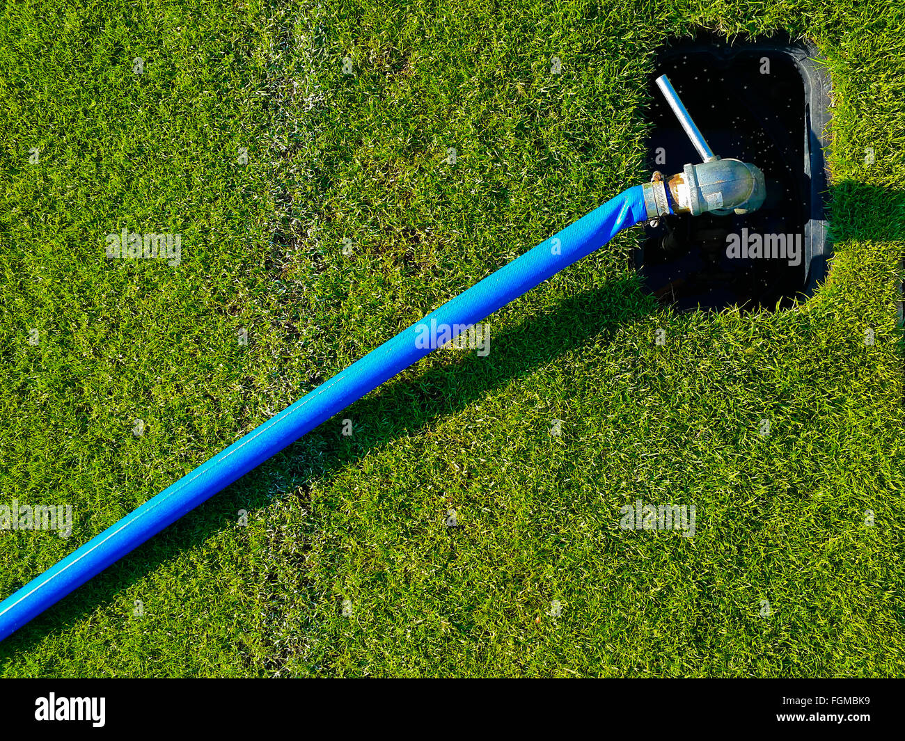 Blue plastic hose connected to valve in round rectangle hole on the green grass soccer field under afternoon sunlight Stock Photo