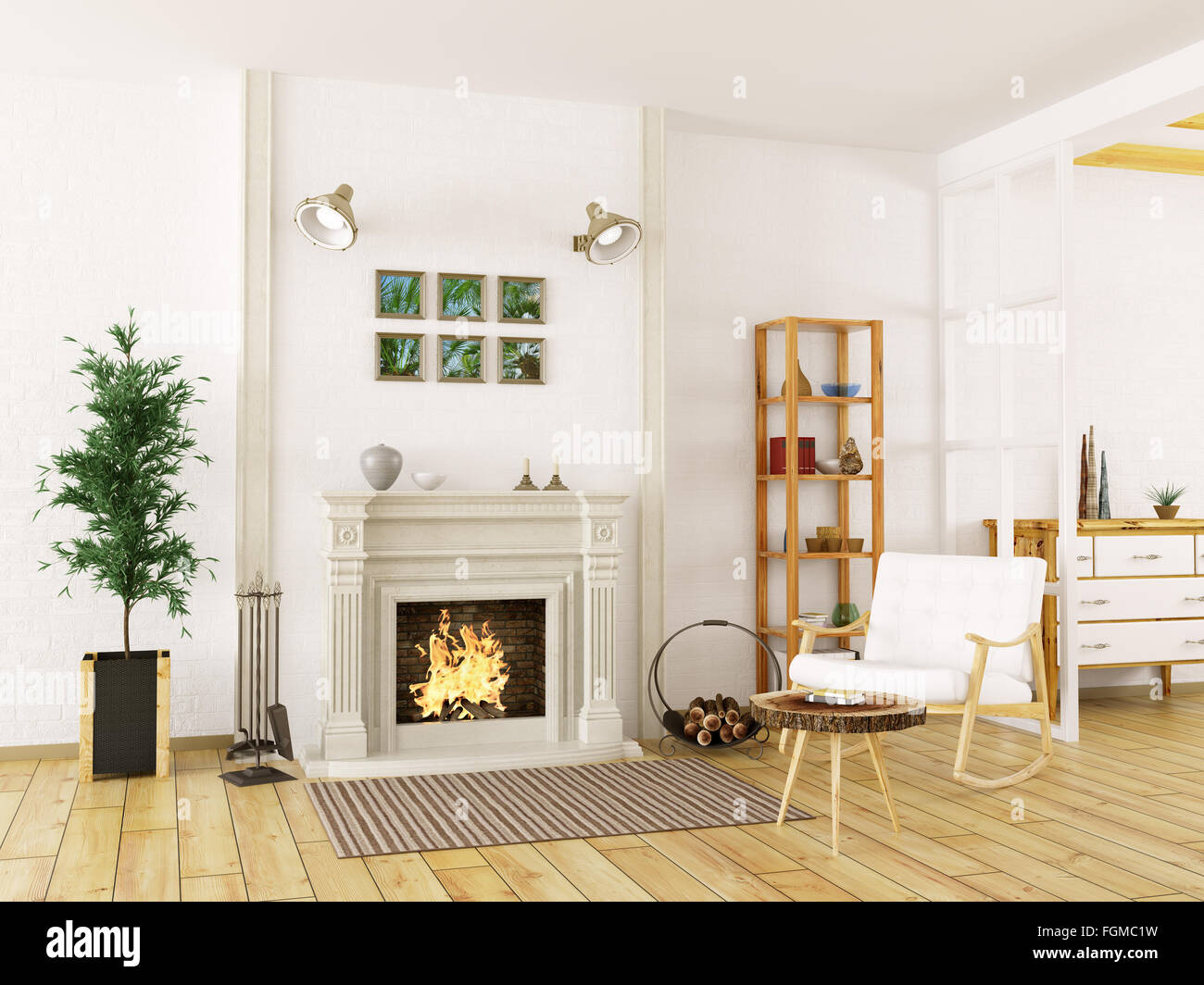 Cozy interior of living room with fireplace and rocking chair 3d render ...