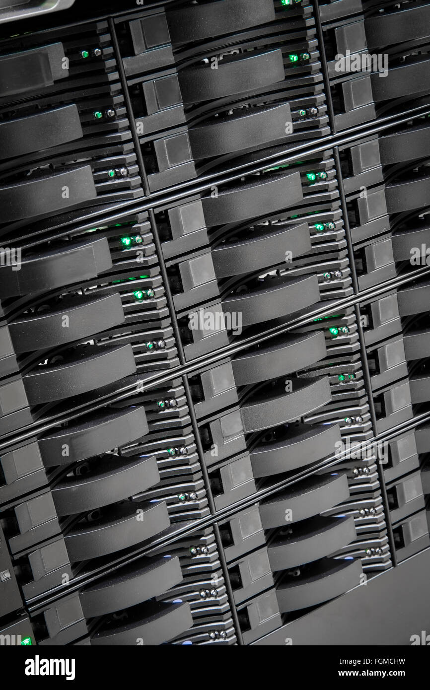 Close up of hard drives in large SAN storage Stock Photo