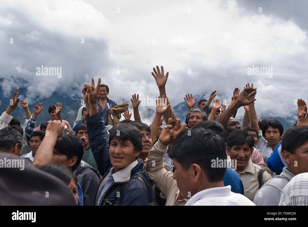 COROICO, BOLIVIA, 19 JANUARY 2008: Cocaleros (coca growers) celebrate the popular election of their leader in Coroico, Bolivia. Stock Photo