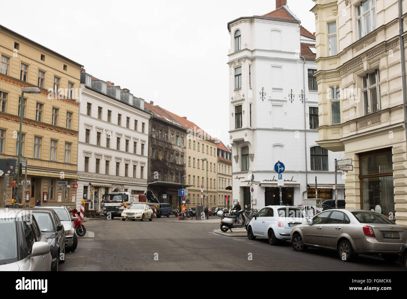 BERLIN, FEBRUARY 18: The Tucholskystrasse corner Auguststrasse in Berlin Mitte on February 18, 2016. Stock Photo