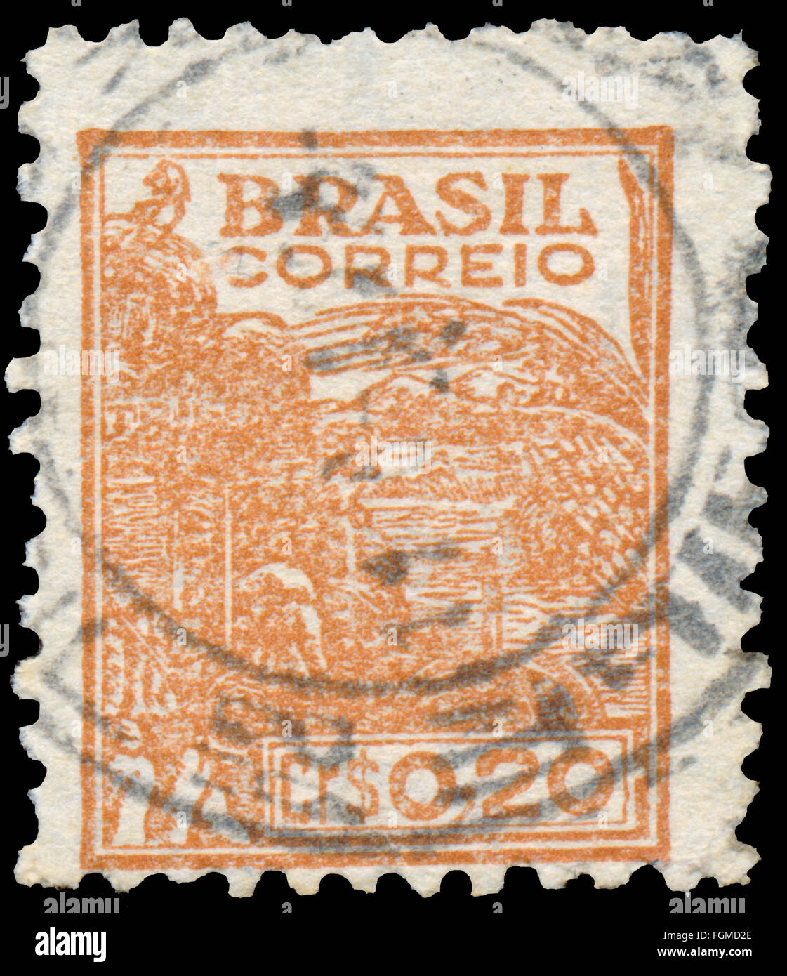 BUDAPEST, HUNGARY - 20 february 2016: a stamp printed in the Brazil showsWheat harvesting machinery, circa 1946 Stock Photo