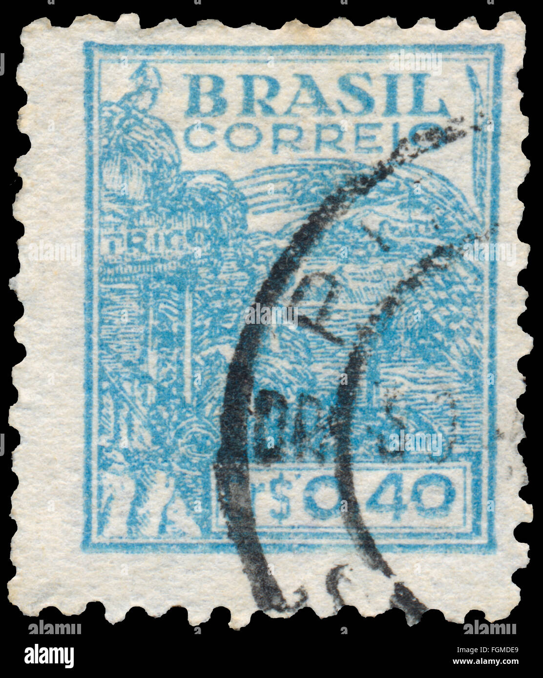 BUDAPEST, HUNGARY - 20 february 2016: a stamp printed in the Brazil shows Wheat harvesting machinery, circa 1946 Stock Photo