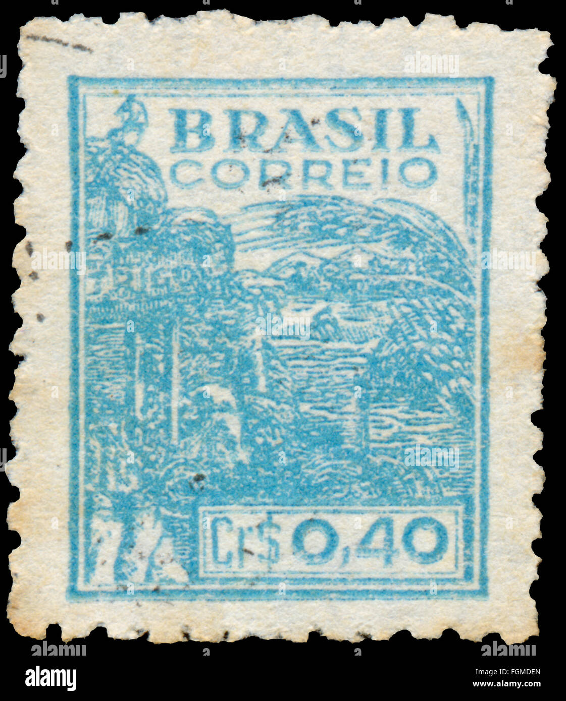 BUDAPEST, HUNGARY - 20 february 2016: a stamp printed in the Brazil shows Wheat harvesting machinery, circa 1946 Stock Photo