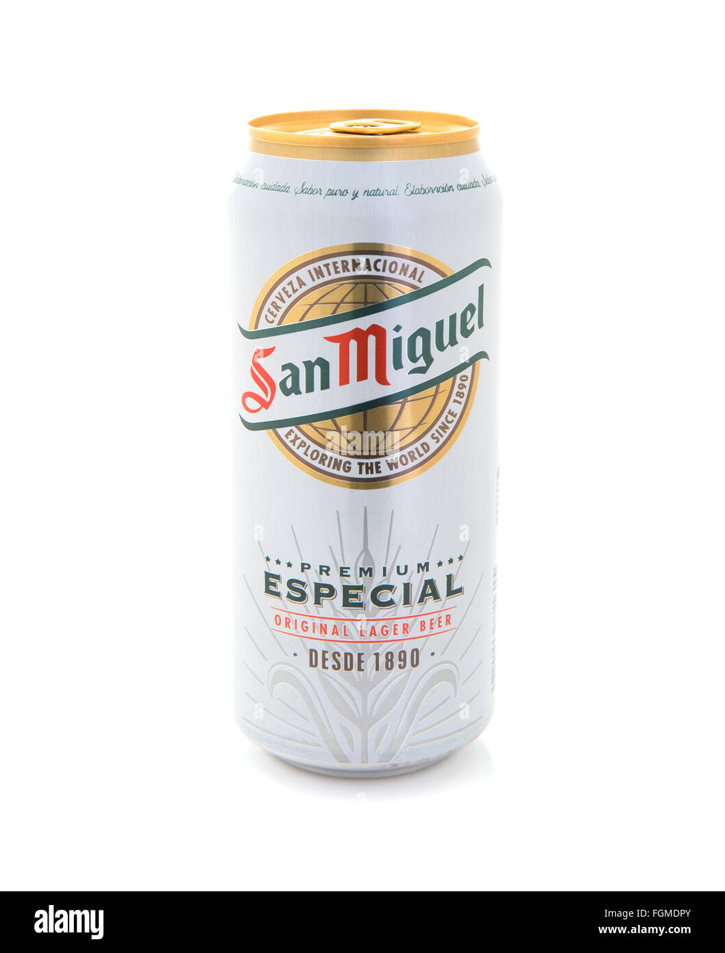 Can Of San Miguel Beer on a white background Stock Photo