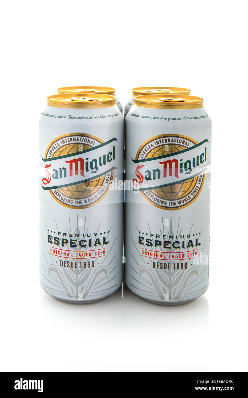 Four Pack Of San Miguel Beer on a white background Stock Photo