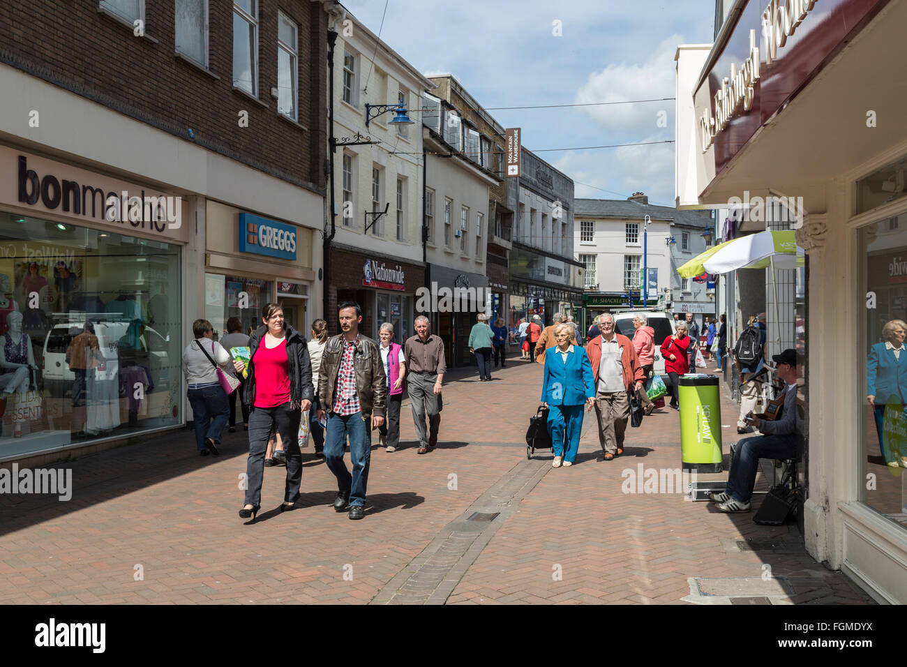 Pedestrianised shopping street in town centre, Abergavenny, Wales, UK Stock Photo