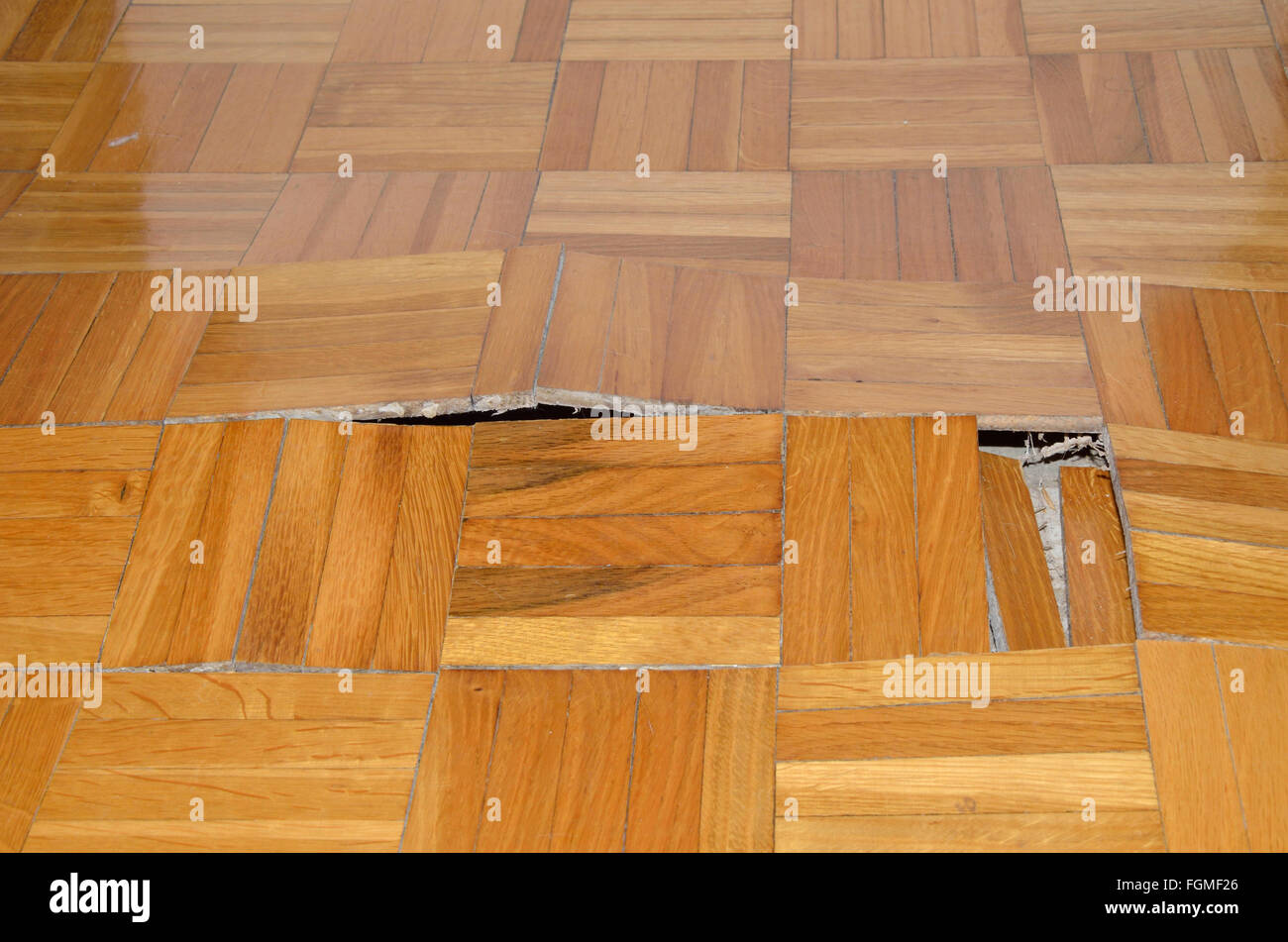 Wooden floor in apartment with floor damaged by destructive elements