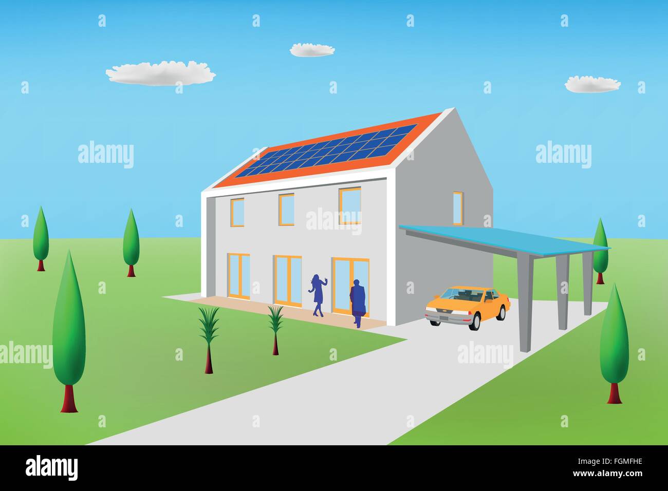 Passive house with photovoltaic panels Stock Vector