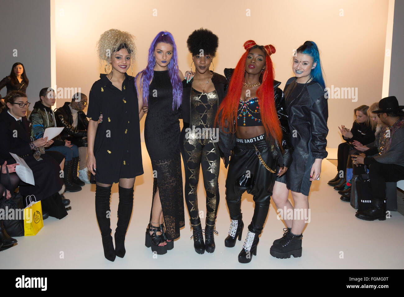 London, UK. 20 February 2016. Girl group Alien Uncovered. Leaf Xia runway show at Freemasons' Hall/Fashion Scout during London Fashion Week. Stock Photo
