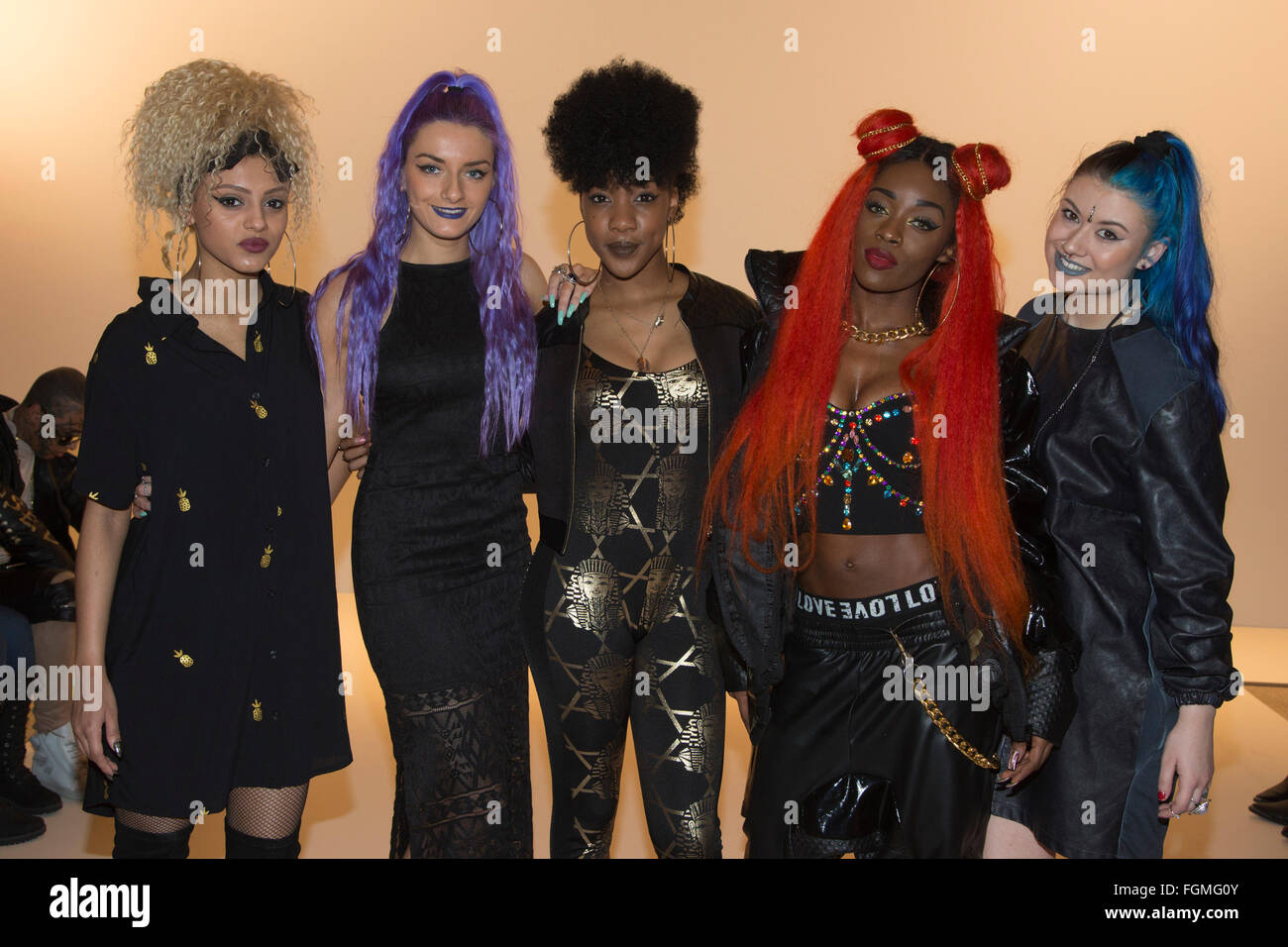 London, UK. 20 February 2016. Girl group Alien Uncovered. Leaf Xia runway show at Freemasons' Hall/Fashion Scout during London Fashion Week. Stock Photo