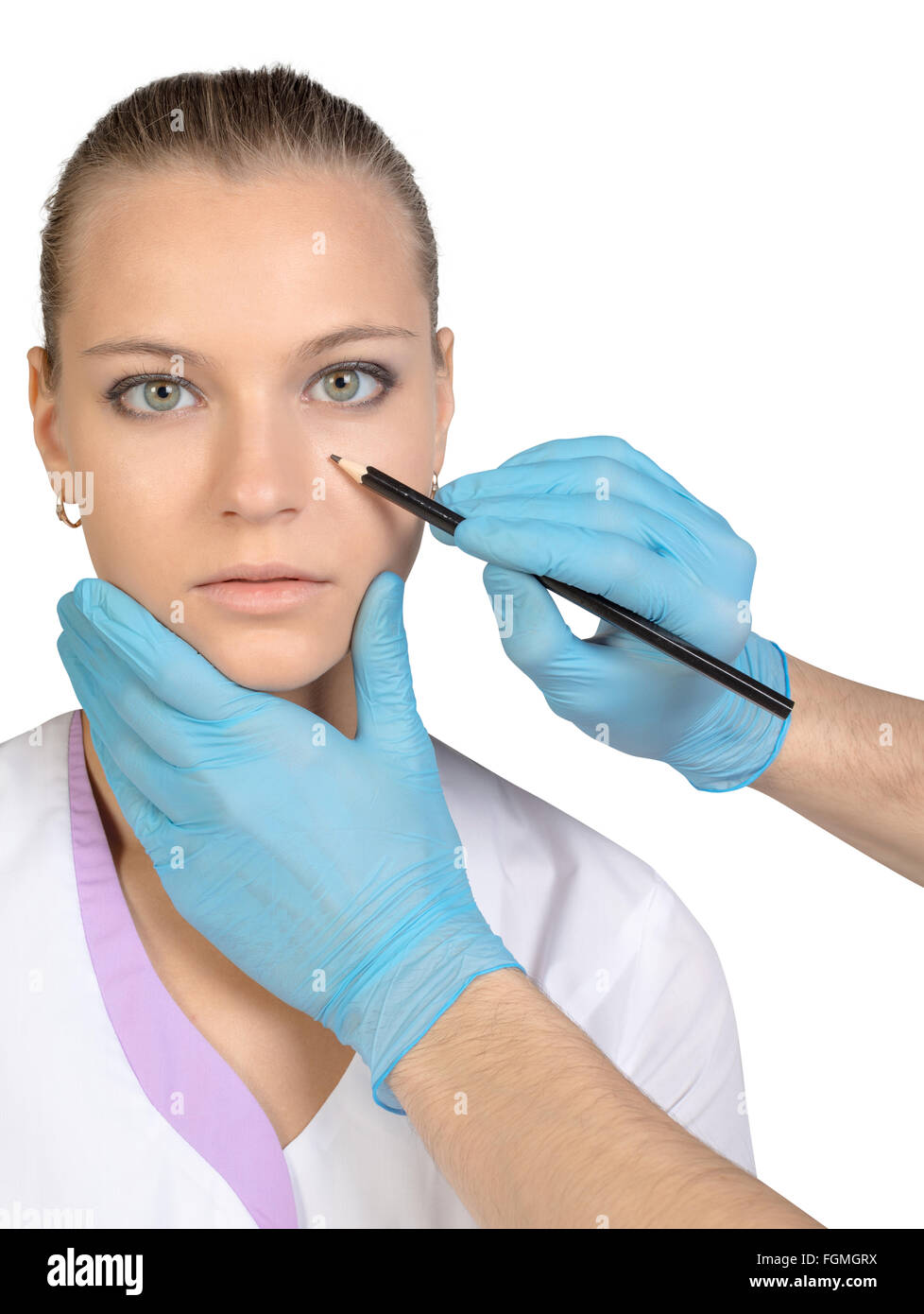 Beauty Woman face surgery making marks on close up portrait. Female model Stock Photo