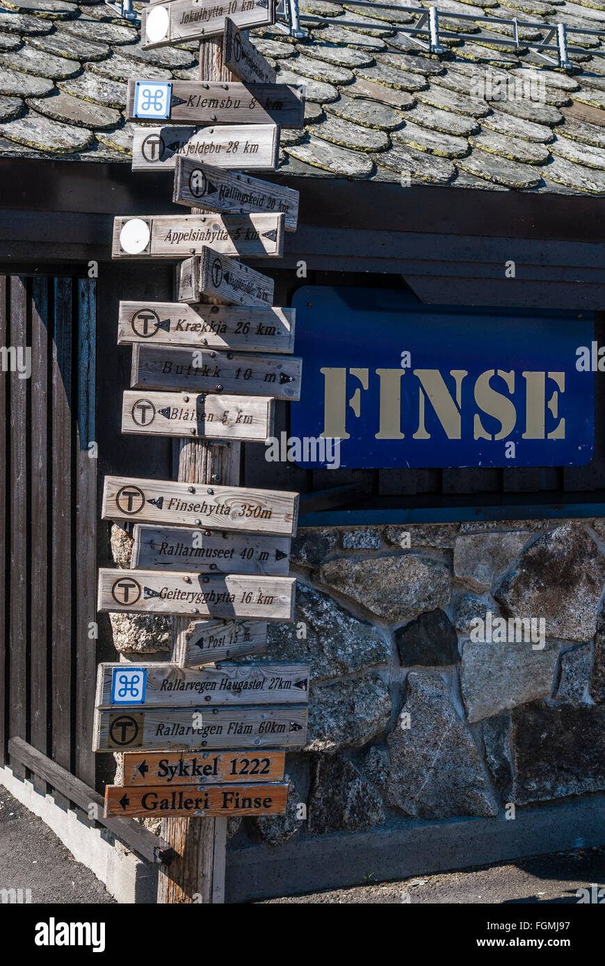 At Finse Trainstaion, highest situated station on Oslo-Bergen railway. Touristic information, signpost to huts, mountains, shop. Stock Photo