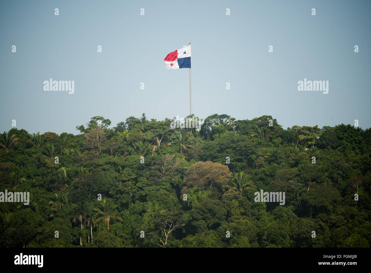 PANAMA CITY, Panama--A large Panamanian flag flies atop Ancon Hill overlooking Panama City, Panama. Stock Photo