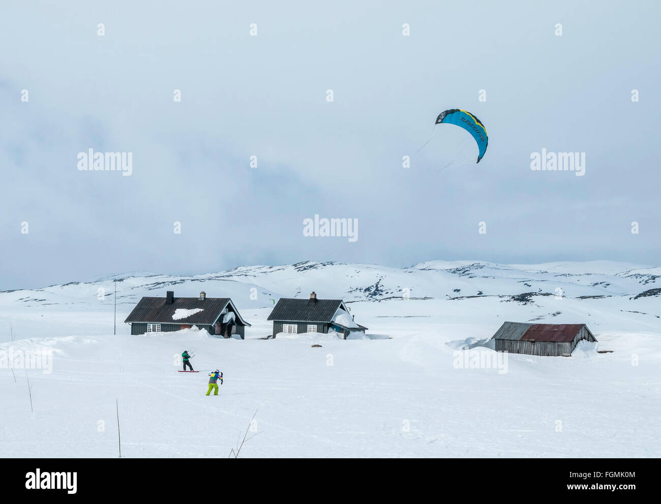 Kitesurfer, frozen lake Örteren, winter, Hardangervidda,  ca. 30 KM west of Geilo,  Buskerud, Norway Stock Photo