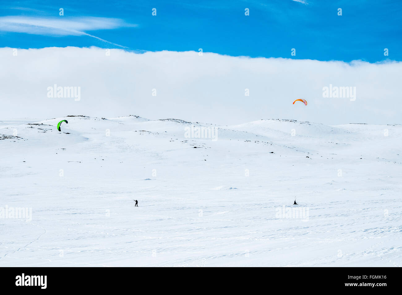 Kitesurfer, frozen lake Örteren, winter, Hardangervidda,  ca. 30 KM west of Geilo,  Buskerud, Norway Stock Photo