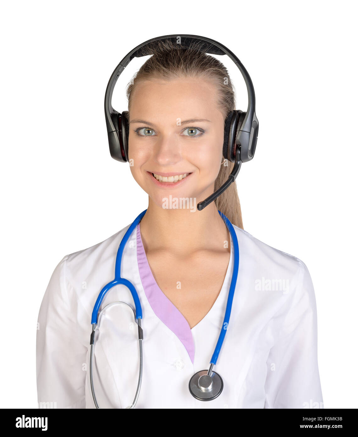 Medical call center concept - woman with headphone isolated on white Stock Photo