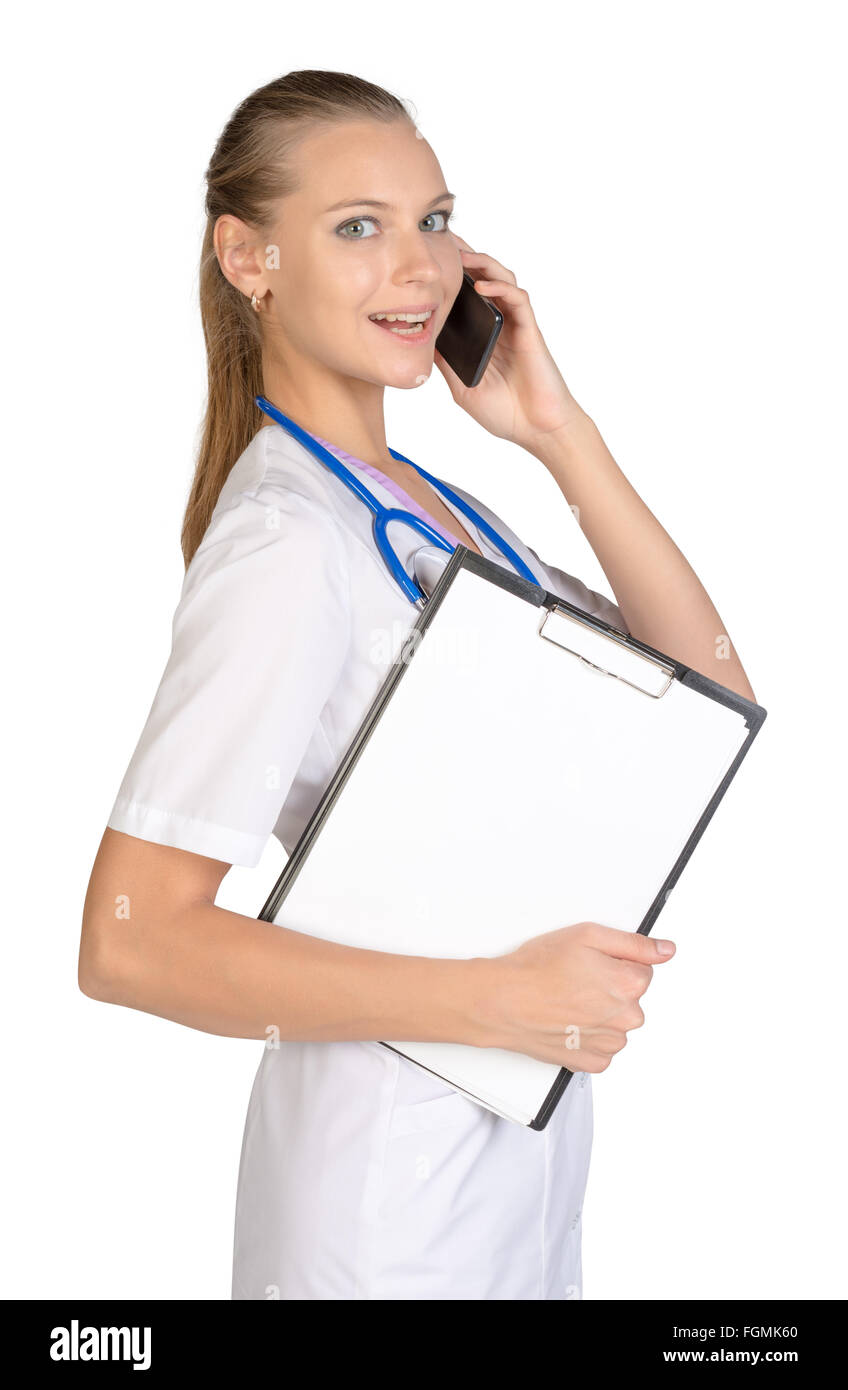 Medical call center concept - woman with phone isolated on white Stock Photo