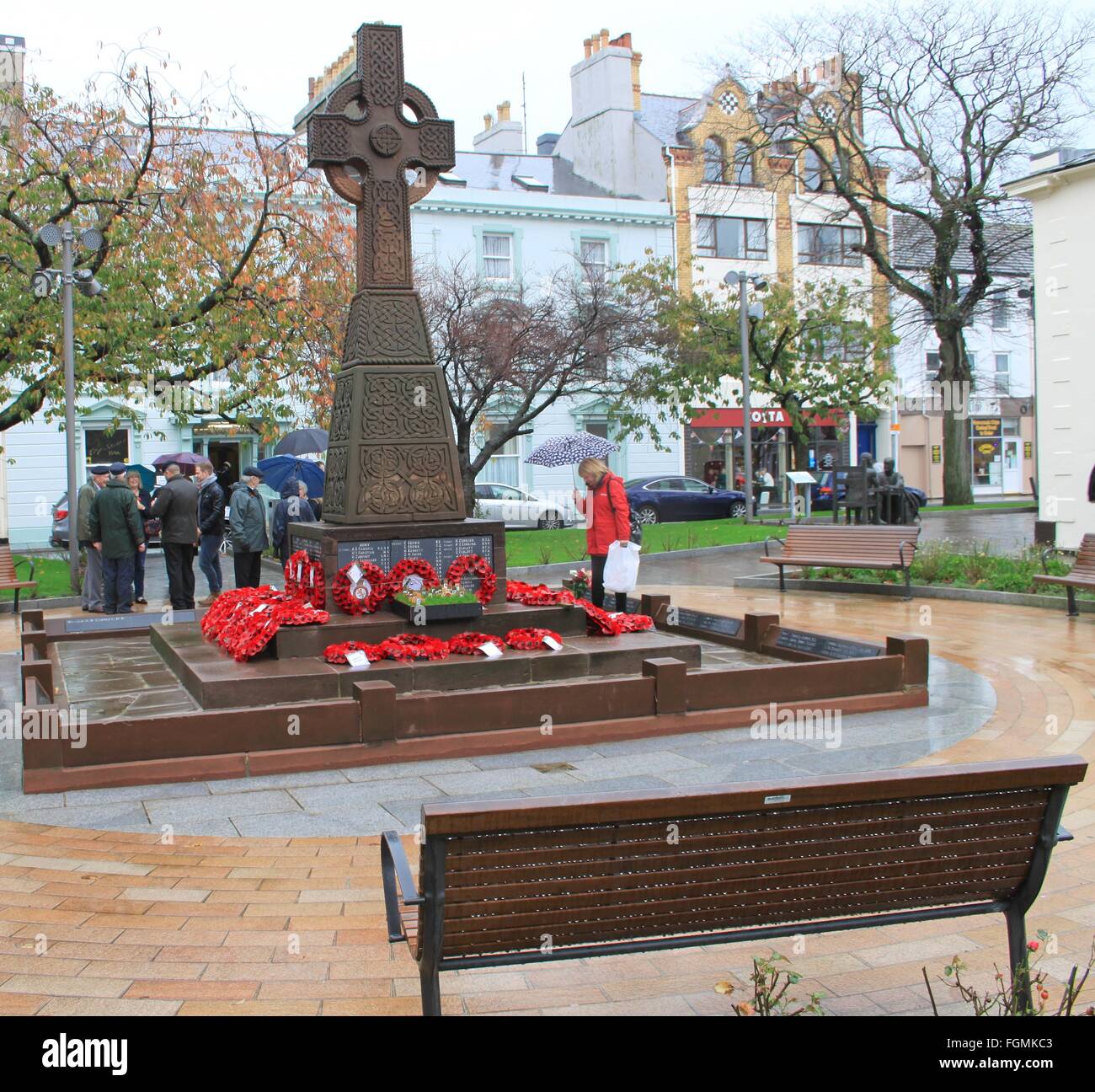 War Memorial, Ramsey, Isle of Man, Armistice Day after the ceremony from the rear of the memorial Stock Photo