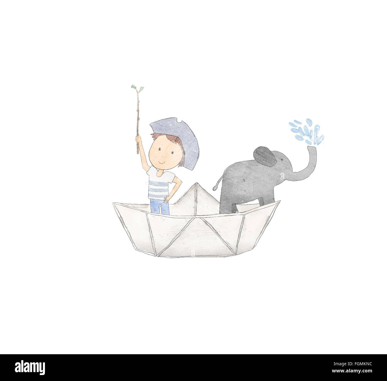 Little boy with elephant on a paper boat with twig in hand Stock Photo