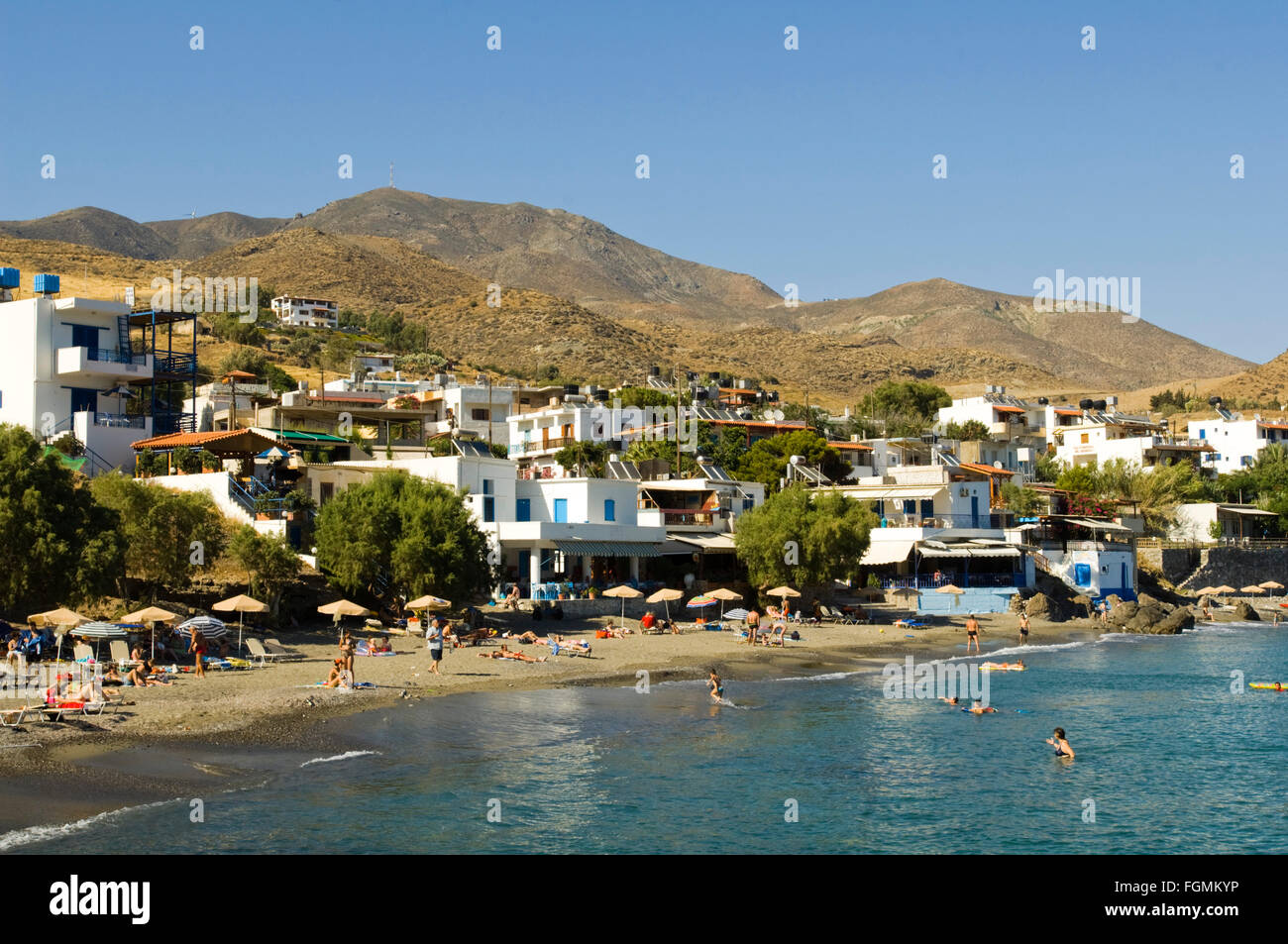Griechenland, Kreta, Lendas, ein bisher wenig erschlossener, Urlaubsort mit einem kleinen Strand und ein paar Tavernen. Stock Photo