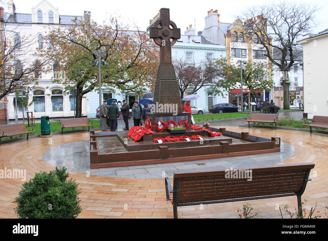 War Memorial, Ramsey, Isle of Man, Armistice Day after the ceremony Stock Photo