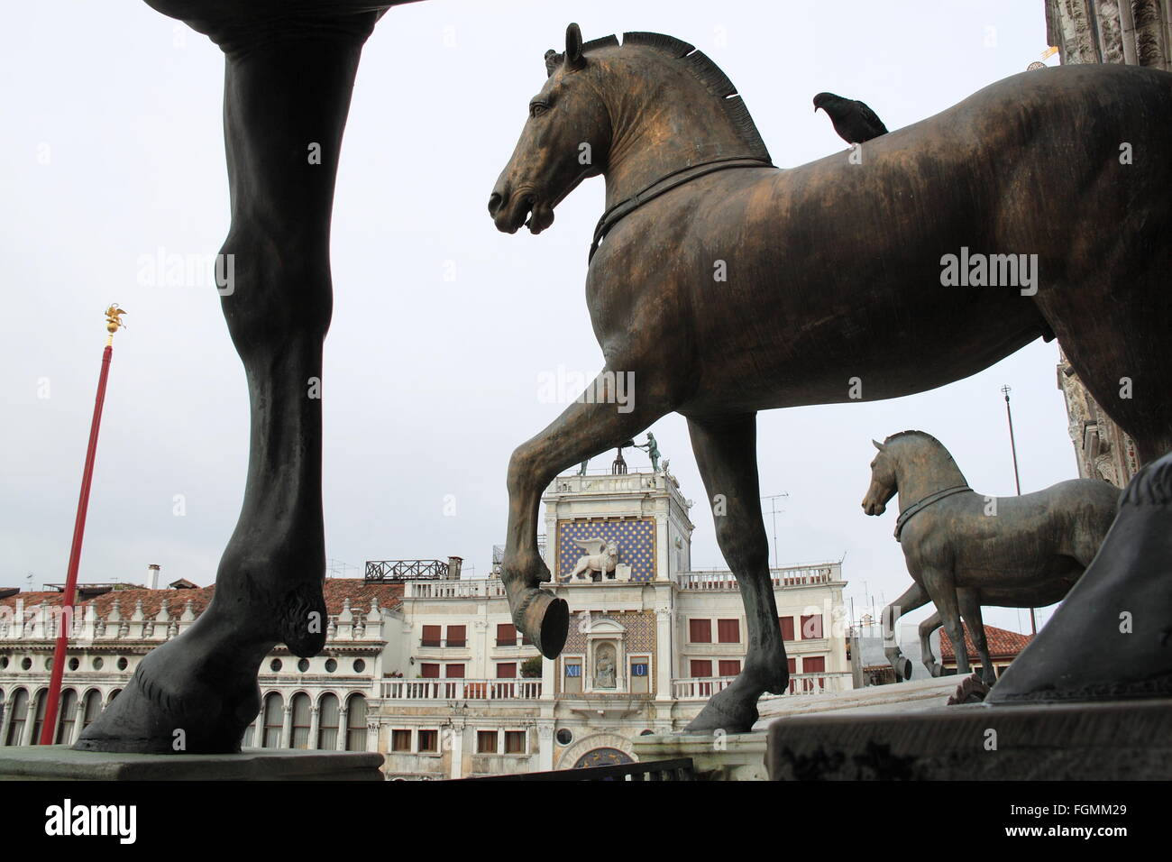 Torre dell'Orologio and bronze horses from Basilica balcony, Piazza San Marco, Venice, Veneto, Italy, Adriatic Sea, Europe Stock Photo