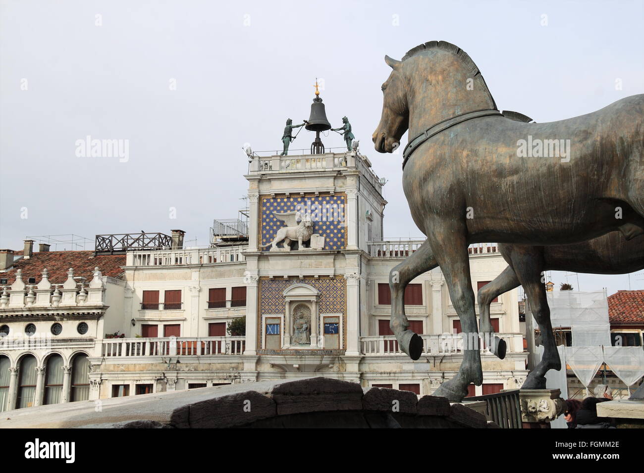 Torre dell'Orologio and bronze horses from Basilica balcony, Piazza San Marco, Venice, Veneto, Italy, Adriatic Sea, Europe Stock Photo