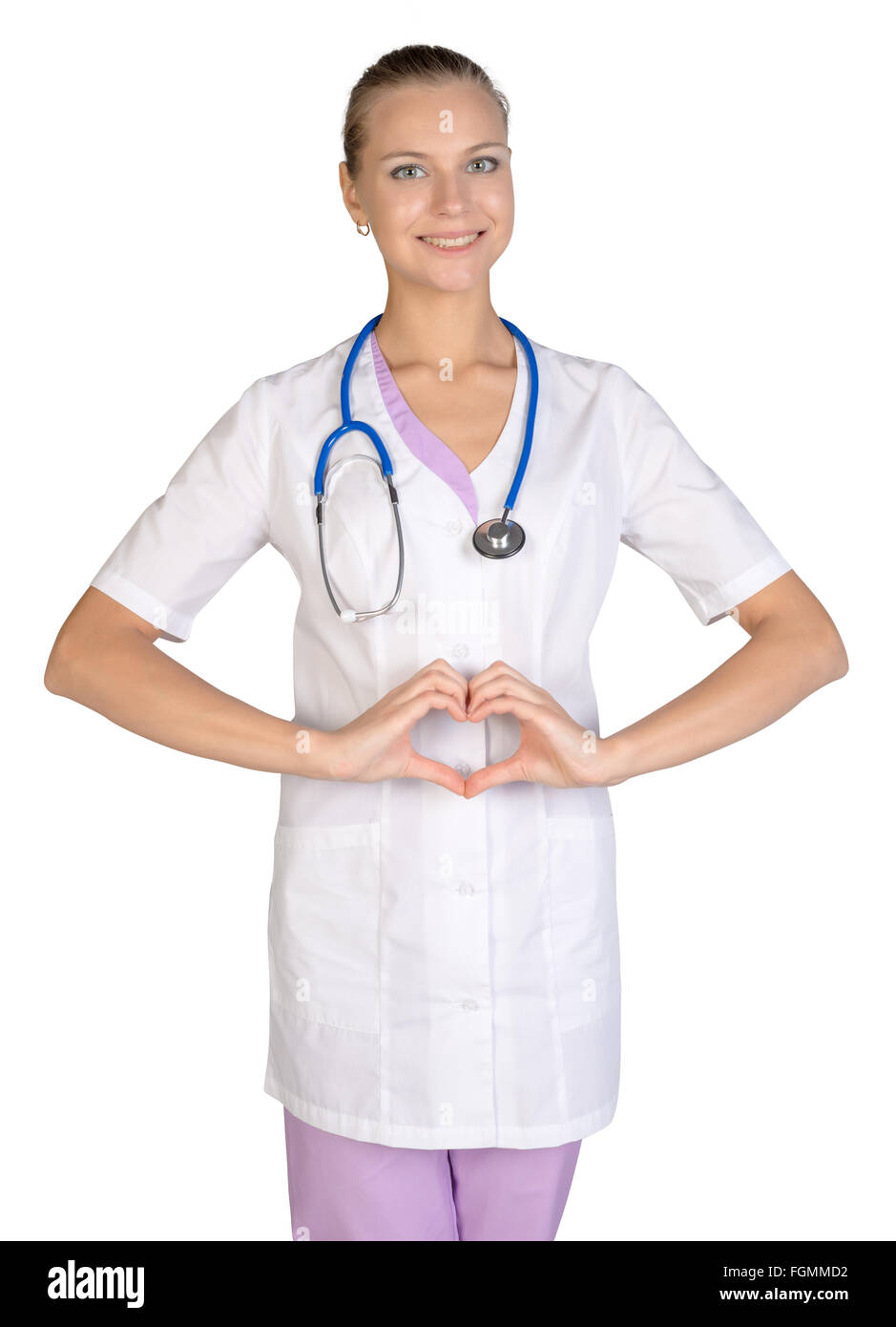 Enthusiastic intern looking at camera shows hand sign heart Stock Photo