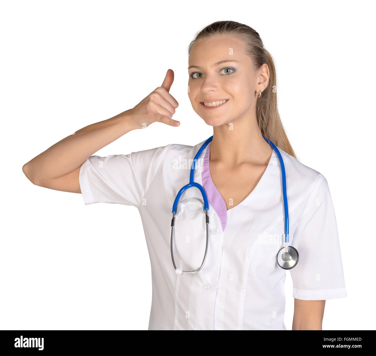 Young female doctor showing hand sign call on white background Stock Photo