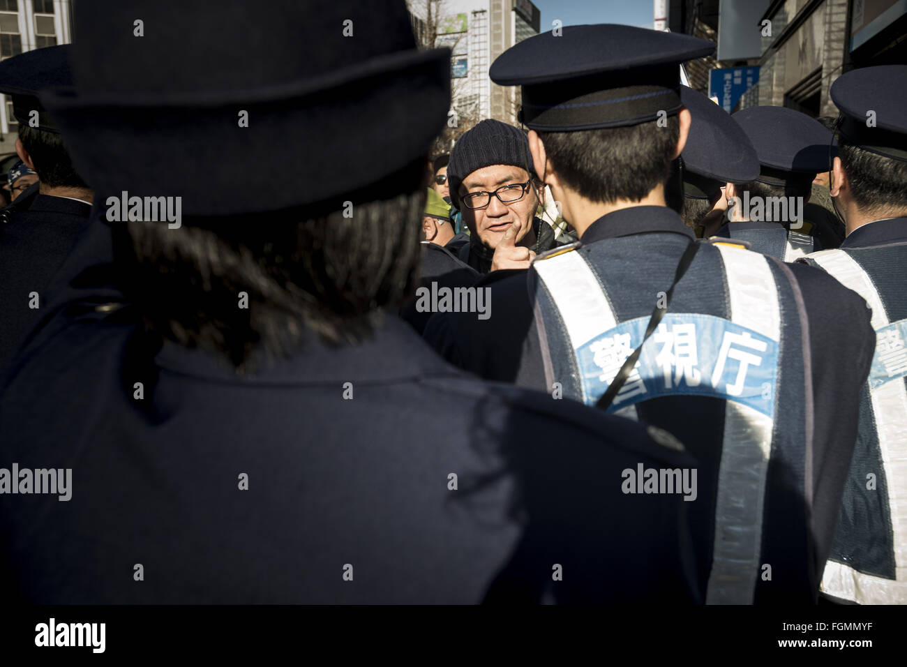 The police blocks the antagonist group protesting against the demo for their discrimination toward Koreans during the protests of nationalists in Shinjuku to sue the severance of diplomatic relations between Japan and South Korea and Takeshima to regain from South Korea. The Liancourt Rocks, also known as Dokdo in Korean or Tokyo, and Takeshima in Japanese, are a group of small islets in the Sea of Japan. While South Korea controls the islets, its sovereignty over them is Contested by Japan. The Liancourt Rocks or Takeshima lie in rich fishing grounds Which may Contain large deposits of natura Stock Photo