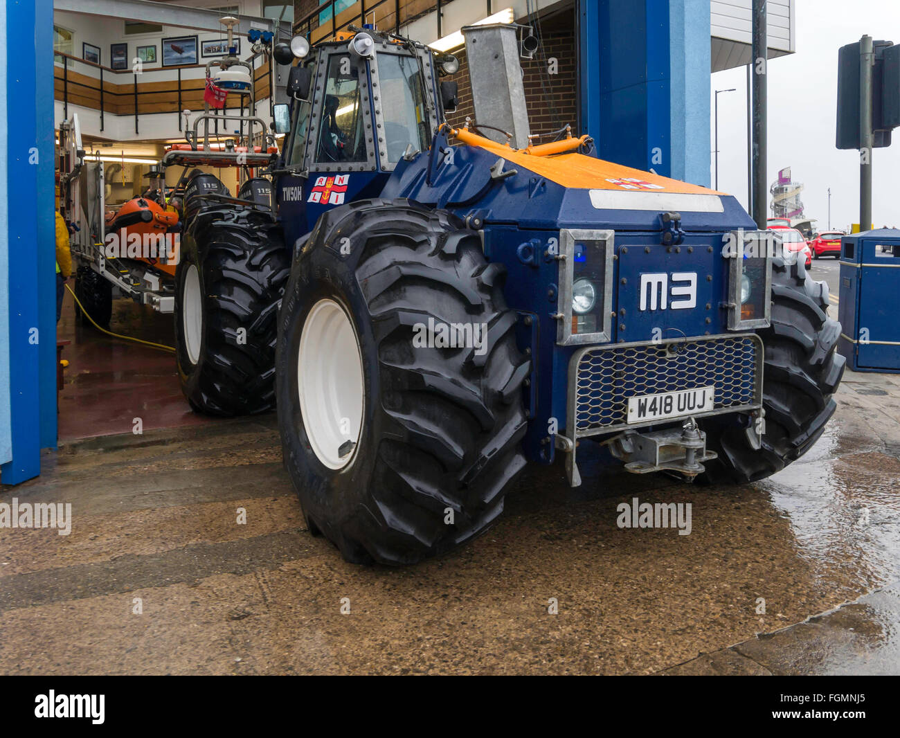 Redcar RNLI inshore lifeboat station launch tow vehicle a Clayton Engineering Talus MB-4H articulated rubber tyred  tractor Stock Photo