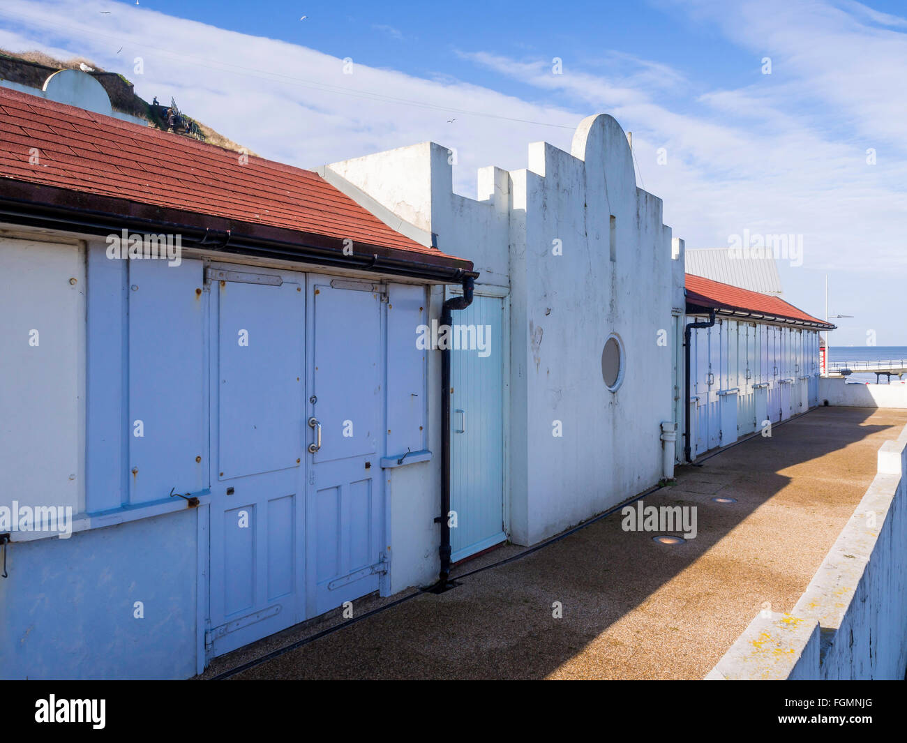 Historic beach huts, made of concrete, at Saltburn by the Sea Cleveland