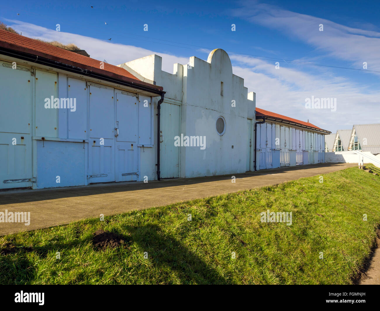 Historic beach huts, made of concrete, at Saltburn by the Sea Cleveland