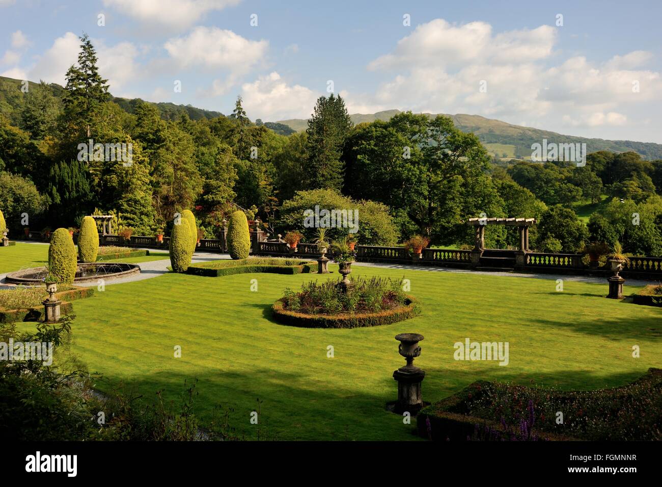 Rydal Hall, Rydal Village, Ambleside, Lake District National Park, Cumbria, England, UK, Formal gardens, Lawns, Trees, Landscape Stock Photo
