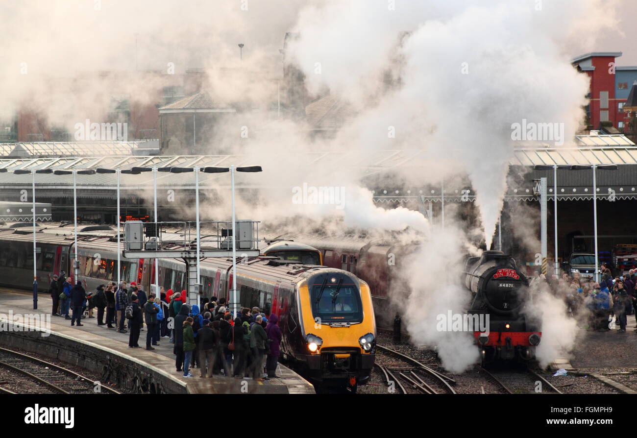 'The Tin Bath' steam engine alongside a modern day train at Sheffield