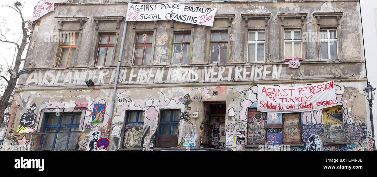 BERLIN - FEBRUARY 19: Ex- squat not refurbished in the Linien Strasse in Berlin-Mitte, on January 12 2016 in Berlin. Stock Photo