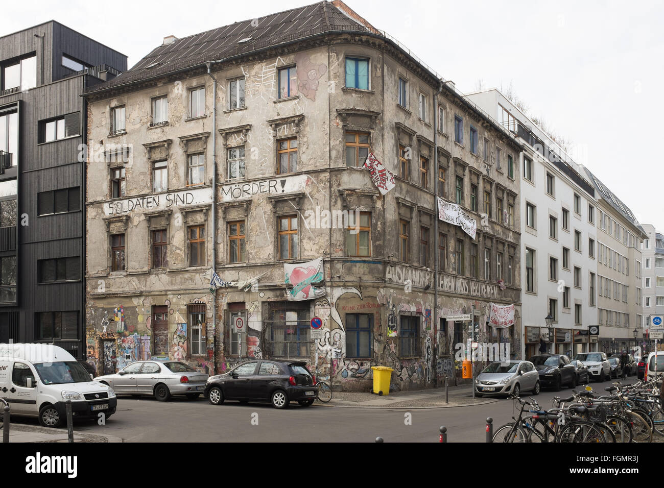 BERLIN - FEBRUARY 19: Ex- squat not refurbished in the Linien Strasse in Berlin-Mitte, on January 12 2016 in Berlin. Stock Photo