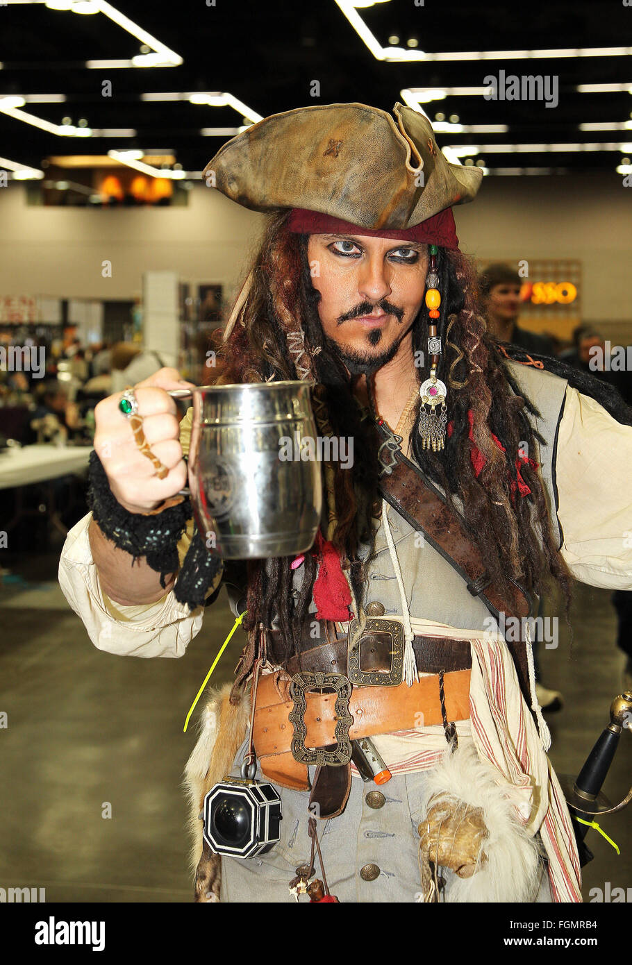 February 20, 2016: A very realistic cosplay enthusiast portrays Captain Jack Sparrow during the 2016 Wizard World Comic Con at the Oregon Convention Center, Portland, OR Larry C. Lawson/CSM. Stock Photo