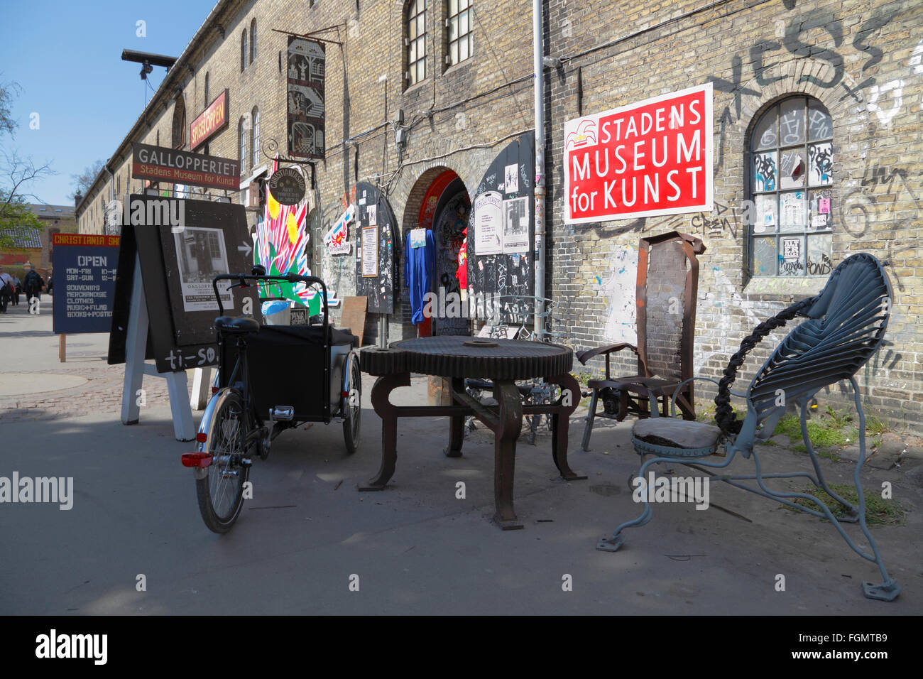 Art museum, workshops and shops in the freetown Christiania in Copenhagen. Stock Photo