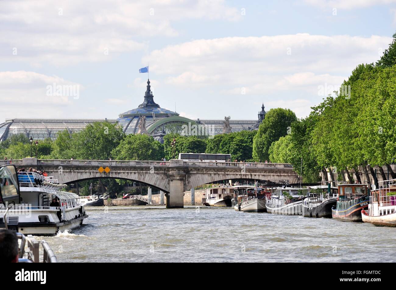 The glass dome of the Grand Palais , visible above a line of trees, as